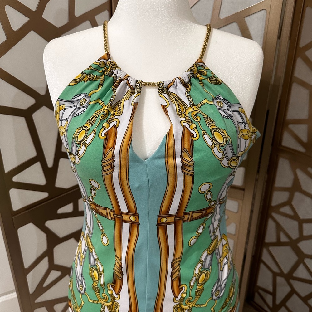 Cache Green and Gold Chain Print Halter Top